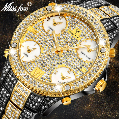 MISSFOX 51MM Oversized Big Dial Luxury Watch Men Diamond Accented Case With 5 Quartz Movt Analog Male Gold Business Wrist Watch